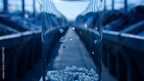 Clear Liquid Dripping Into Beaker Filled With Small White Crystals in Laboratory Setting
