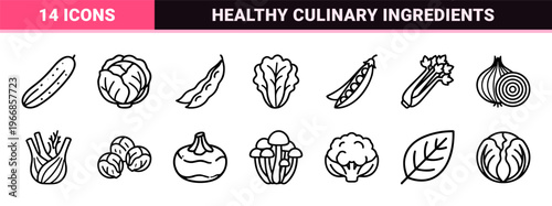 Fresh Garden Vegetables and Culinary Ingredients Ultra-Minimalist Monoline Geometric Line Art for Healthy Eating and Gastronomy Design Projects.