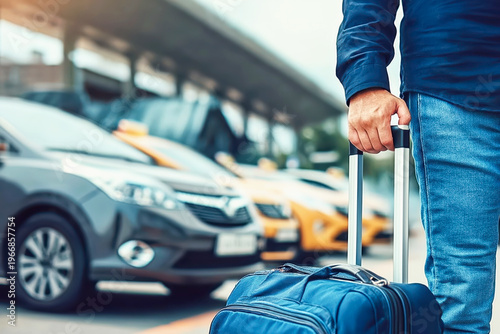 Taxi airport. Individual stands at an airport taxi stand, gripping suitcase with silver handle, while multiple vehicles, including taxis and other cars, are parked in background