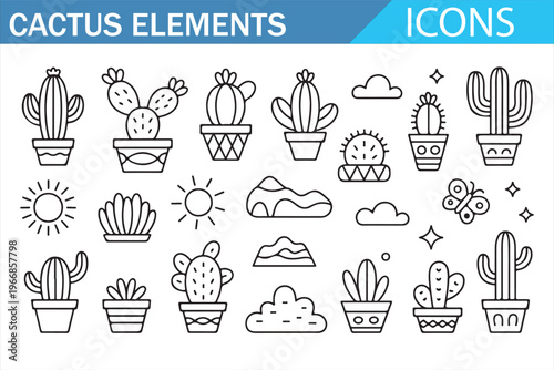 Desert nature and cactus line icons with succulent plant illustrations