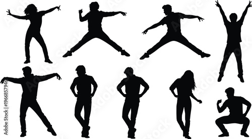 Black silhouette illustration of people in diverse dance poses, expressive movement artwork showing rhythm, energy, individuality, freedom, and artistic body language
