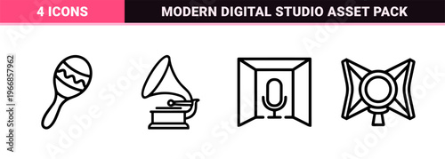 Audio Technology and Sound Equipment Minimalist Monoline Icon Set for Professional Digital Recording and Studio Production Media Apps.