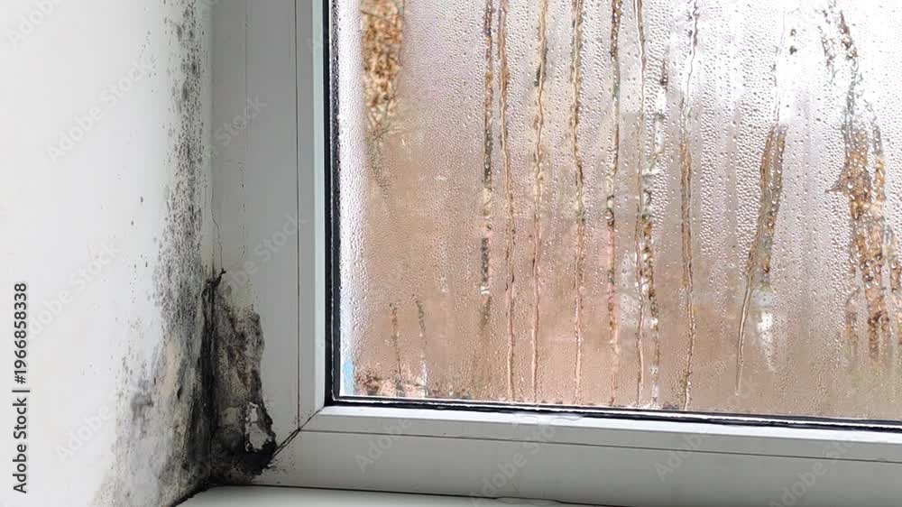 Black mold spreading along wall corner beside window, mold causing damp ...