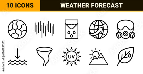 Ultra-minimalist weather forecasting symbol set featuring geometric line art for meteorological apps and environmental data visualization interfaces.