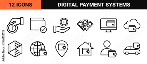 Minimalist Financial Wallet and Digital Payment Line Art Set featuring Geometric Outline Symbols for Banking and Commerce.