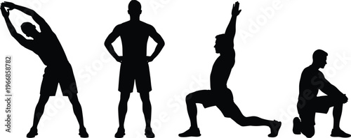 Black silhouette illustration of person stretching, fitness warm‑up poses, workout artwork representing health, flexibility, training, lifestyle, and physical activity concepts