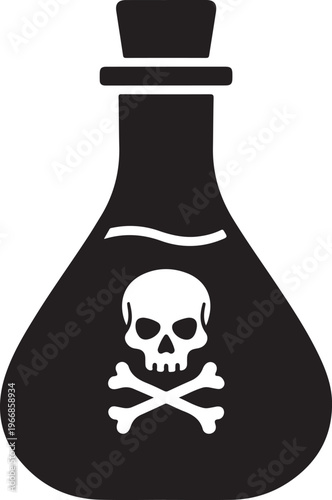 A black and white image of a flask with a skull and crossbones isolated on transparent background, Vector