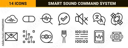 Voice Recognition and Audio Interface Technology Ultra-Minimalist Geometric Outline Icon Set for AI Software and Smart Home Devices.