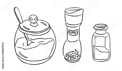 Illustration features three condiment containers: a sugar bowl with a lid, a pepper shaker labeled PEPPER, and a salt shaker, all outlined on a white background