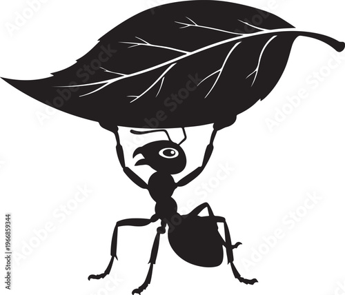 An ant carries a large leaf overhead isolated on transparent background, Vector