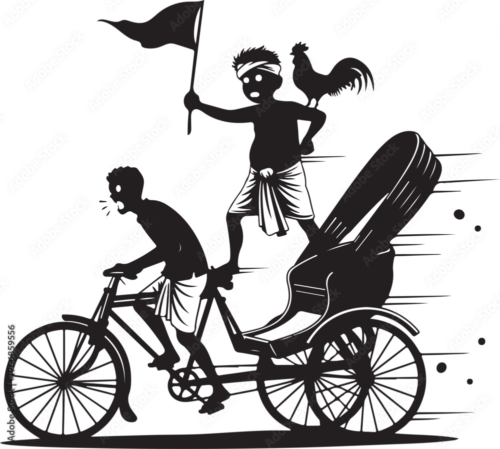 Naklejka premium A man rides a bicycle rickshaw with a flag and a rooster isolated on transparent background, Vector