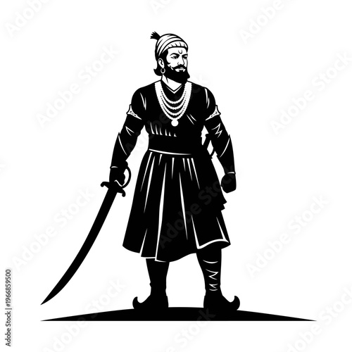 Illustration of Shivaji Maharaj standing heroically on Maharashtra Day with sword