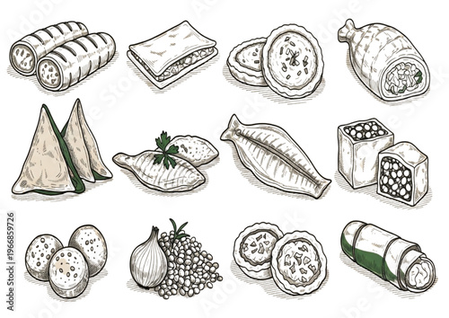Various food items illustrated, including pastries, fish, and vegetables