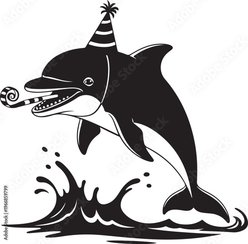 A dolphin wearing a party hat and holding a birthday candle isolated on transparent background, Vector