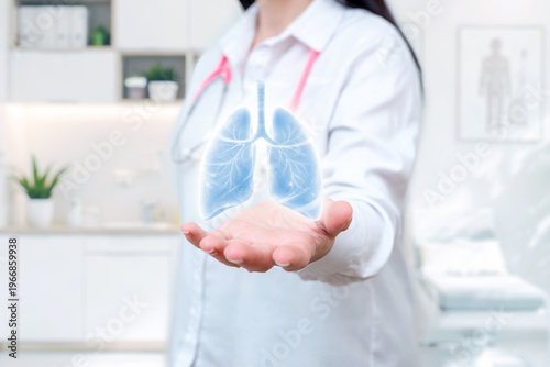 Doctor holding digital lungs model, symbolizing respiratory health, pulmonology, medical diagnostics, and modern healthcare concept