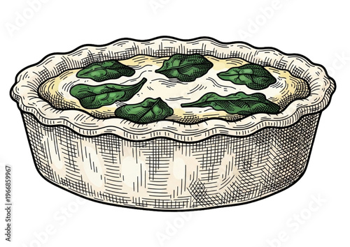 Savory spinach and creamy cheese quiche in a baked pie crust, a delightful gourmet tart illustration