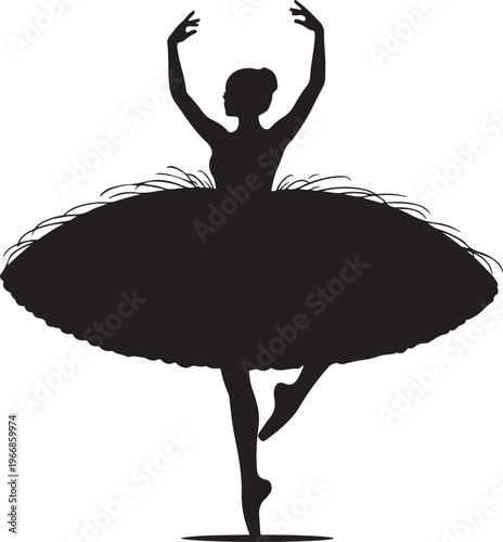 A black silhouette of a ballerina standing on one leg isolated on transparent background, Vector