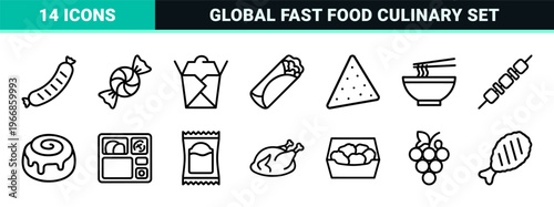 Fast Food and Snack Menu Line Art: Ultra-Minimalist Monoline Geometric Outlines for Digital Interface Design and Restaurant Branding Systems