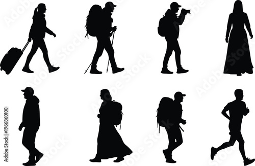 Black silhouettes of diverse people walking standing traveling carrying backpacks luggage poles artistic vector illustration human activity movement