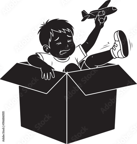A boy comes out of a cardboard box with a toy airplane isolated on transparent background, Vector