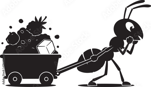 An industrious ant pushing a cart filled with food isolated on transparent background, Vector