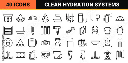 Water Hydration and Filtration Systems Ultra-minimalist Monoline Icon Set with Clean Geometric Outlines for Plumbing and Beverage Utility