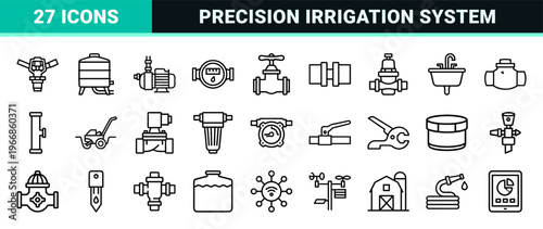 Smart Water Management and Precision Irrigation Systems Ultra-Minimalist Geometric Line Art Outline Symbols for Agricultural Technology.