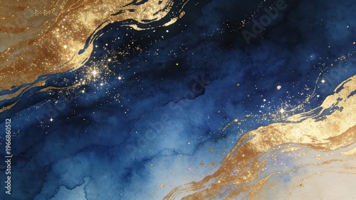 Blue-gold watercolor gilded starry river texture, creating a high-end luxury dreamy atmosphere with smudged brushstrokes and glittering starlight, making it a visual material image suitable for backgr