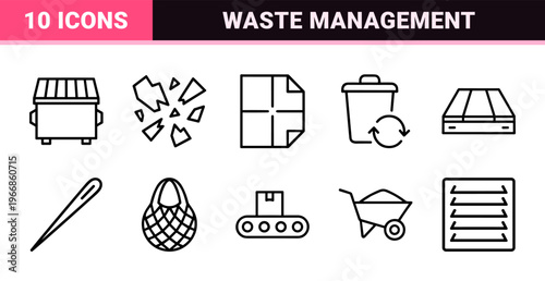 Waste management and recycling sustainability outline symbols with ultra-minimalist monoline aesthetic for environmental conservation.