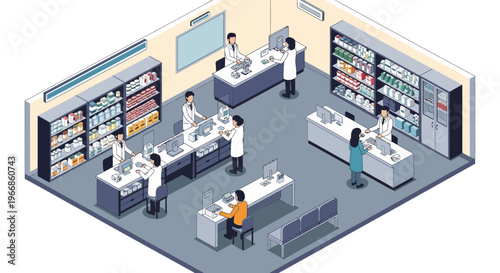 Pharmacy interior with staff and customers interacting.