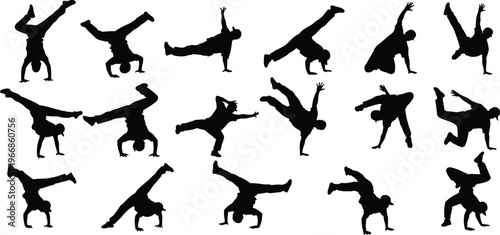 Breakdance silhouette collection featuring urban street dancers performing handstands power moves and acrobatic stunts isolated on white background for creative graphic design projects