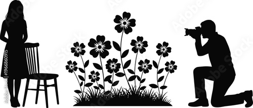 Silhouette of photographer taking picture of person posing beside chair with blooming flowers, nature photography concept, creative art, outdoor photo session