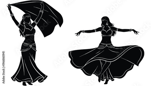 A black silhouette of a belly dancer in traditional costume performing