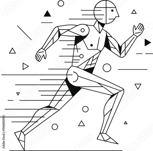 memphis style humanoid robot running with geometric shapes
