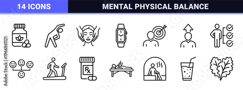 Holistic Wellness and Mental Health Geometric Line Art Set featuring Minimalist Symbols for Fitness Nutrition Meditation and Self Care.