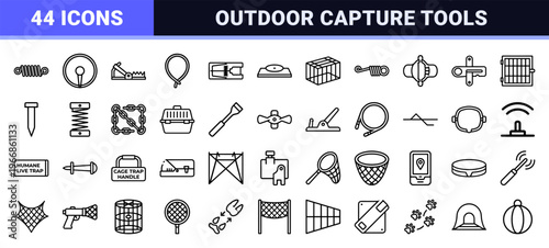 Professional Wildlife Trapping and Humane Animal Control Equipment Monoline Icons Featuring Mechanical Snares Cages and Wilderness Survival Gear