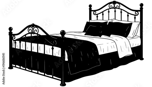 A black bed silhouette with white sheets and pillows inside