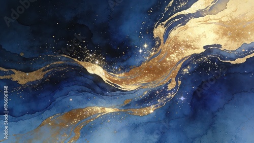 Blue-gold watercolor gilded starry river texture, creating a high-end luxury dreamy atmosphere with smudged brushstrokes and glittering starlight, making it a visual material image suitable for backgr