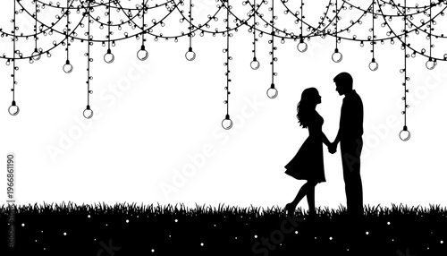 A loving couple silhouette under a romantic string lights display at night