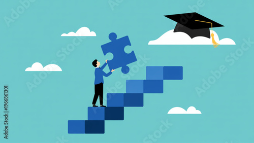Flat design concept of student ascending blue puzzle stairs toward clouds and graduation cap symbolizing achievement, education, and success