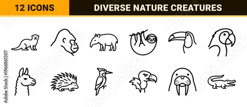 Wildlife Animals and Nature Creatures Ultra-Minimalist Monoline Outline Line Art for Zoo Safari Biological Diversity Interface Design