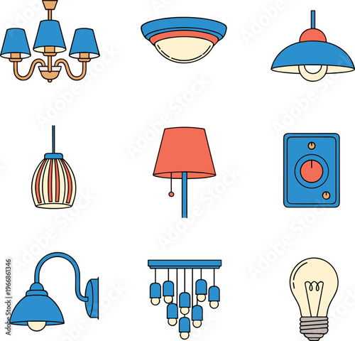 Cartoon illustration of diverse lighting fixtures and bulb designs, chandelier, lamp, sconce, pendant, lantern, ceiling light for interior decoration concepts