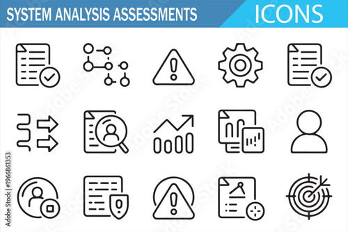 Business process and analytics outline icons with audit checklist and reporting visuals