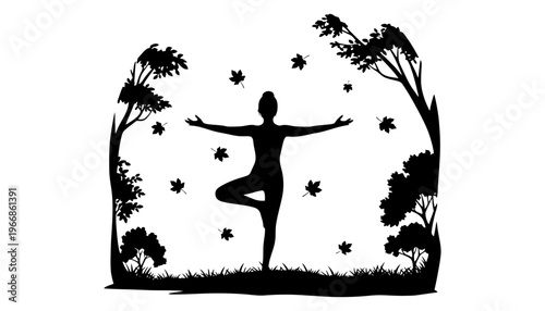 Yoga silhouette of a woman in a serene outdoor setting with trees
