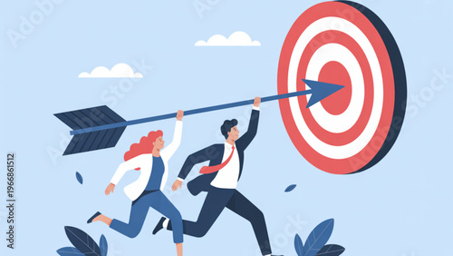 Minimalist vector of man and woman running with arrow striking target board representing business goals, focus, and achievement concept