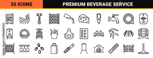 Ultra-minimalist Wine Production and Viticulture Monoline Outline Set Featuring Geometric Bottle, Glass, and Vineyard Symbols for High-End Branding.