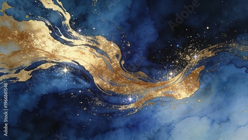 Blue-gold watercolor gilded starry river texture, creating a high-end luxury dreamy atmosphere with smudged brushstrokes and glittering starlight, making it a visual material image suitable for backgr