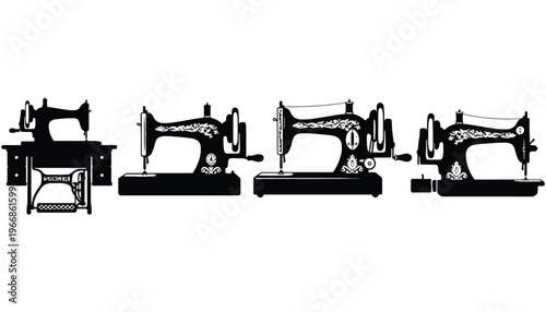Sewing machine silhouettes in a row on a white background