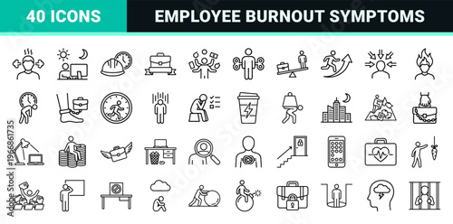 Workaholism and Employee Burnout Ultra-Minimalist Geometric Line Art Icon Set for Workplace Stress and Mental Health Awareness