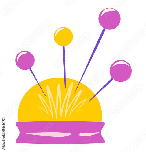 Pincushion with colorful sewing pins. Vector needle bed icon with ball point pins for dressmaking and needlework, sewing equipment and craft tools in flat style isolated on white